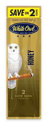 A two stick pouch of Honey flavor White Owl cigarillos.