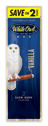 A two stick pouch of Vanilla flavor White Owl cigarillos.